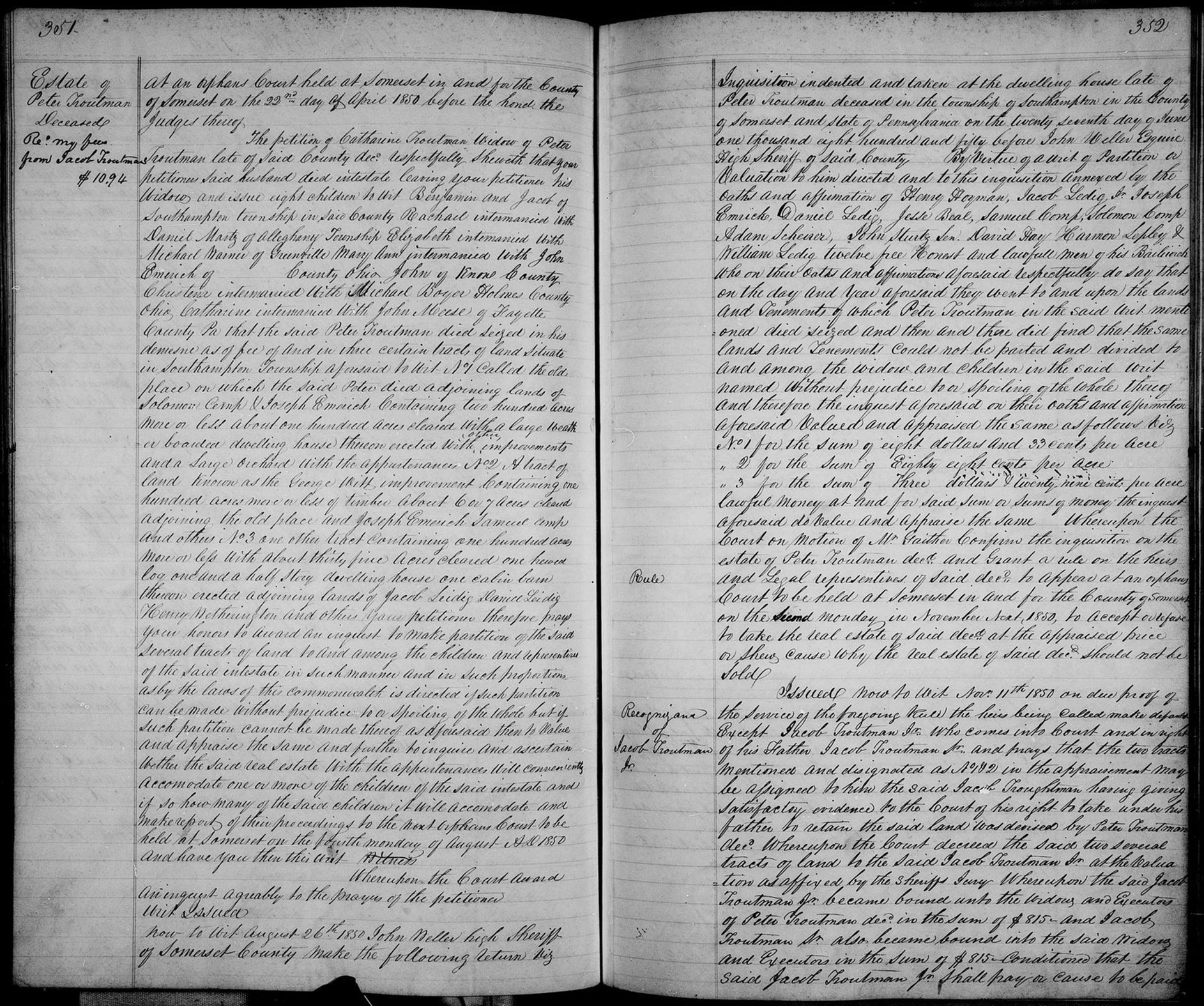 Peter Troutman estate record, pages 351 & 352.
