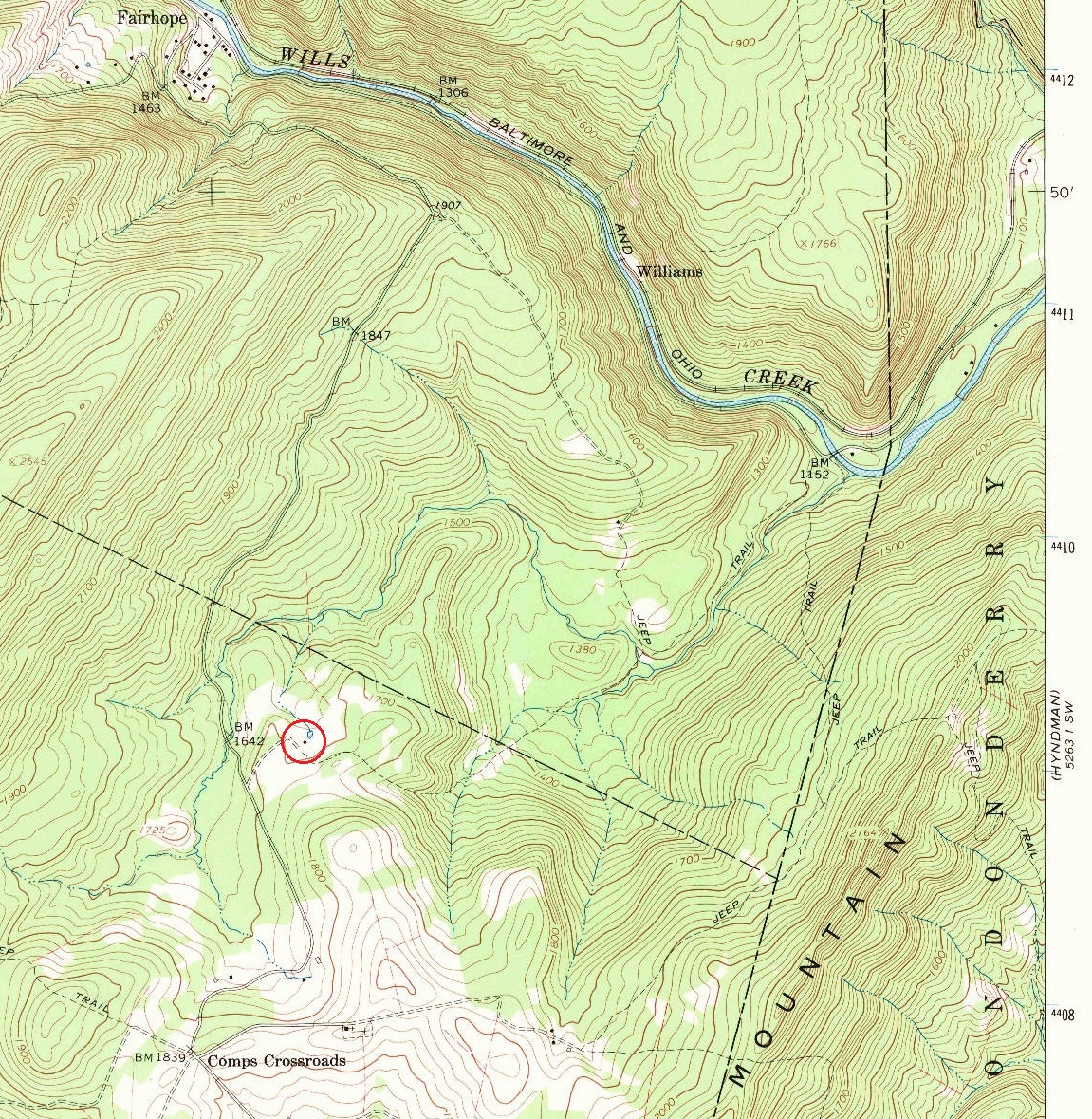 The location of the Troutman/Sensensick place is circled in red on this excerpt from a 1967 map.
