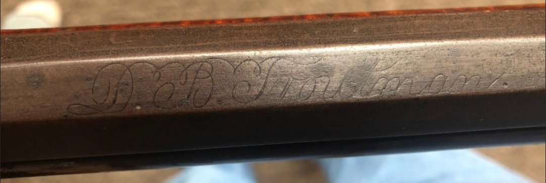 This is the barrel signature on a rifle that the gunsmith Daniel Benjamin Troutman built.