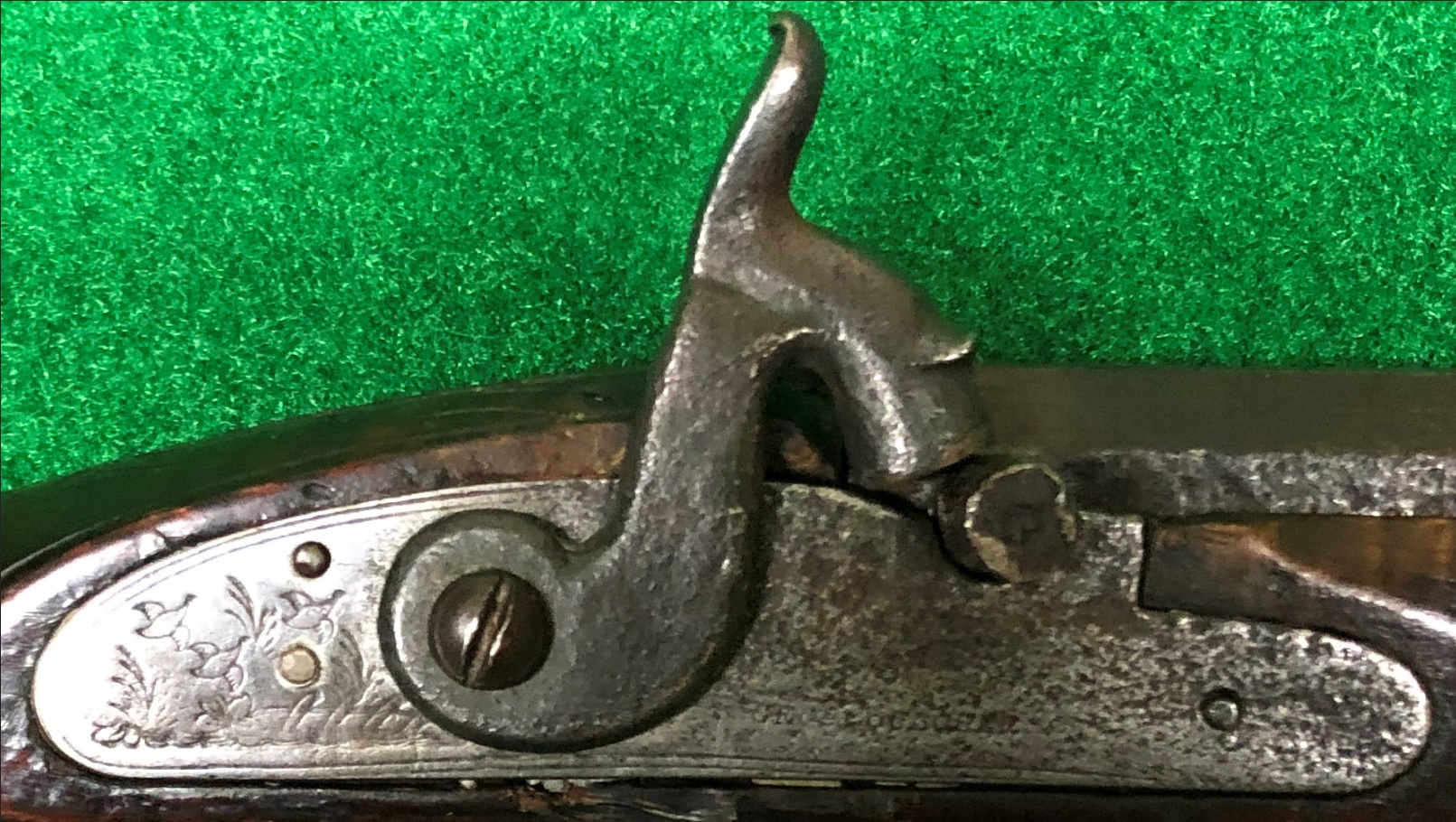 An enlarged view of the commercial percussion lock on a Daniel Benjamin Troutman rifle. 