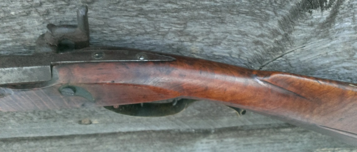 An oblique view of the forward end of the comb, the stock panel, and the tang of the breech plug.