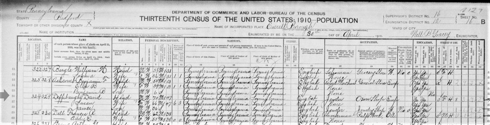 An excerpt from the 1910 census of Everett Borough.