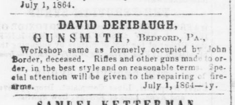 An 1864 advertisement that mentions gunsmiths John Border and David Defibaugh.