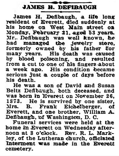 A Defibaugh obituary in a 1927 issue of the Bedford Gazette newspaper.