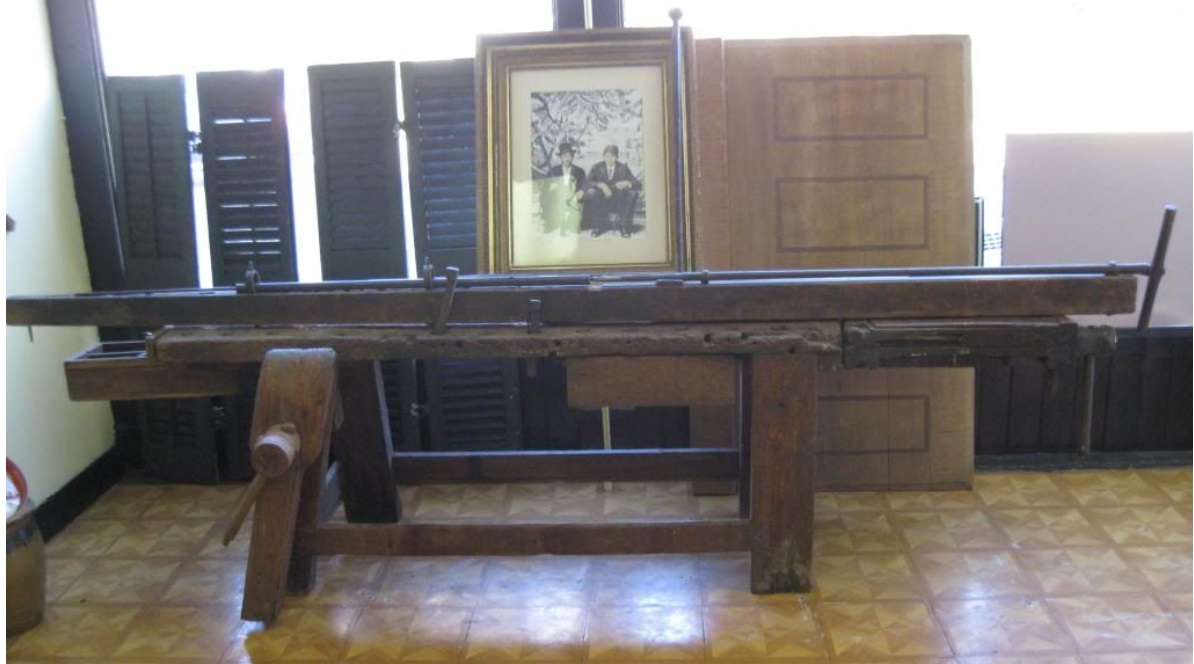 This is a photo of a rifling bench that is attributed to the Bedford County, Pennsylvania gunsmith William Defibaugh, Sr. and is said to have also been used by his son David Defibaugh.