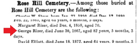 A reference to a George Rizer who is buried in the Rose Hill Cemetery at Cumberland. 