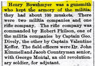 An old newspaper reference to Henry Bowshmyer, an early gunsmith at Berlin, Pennsylvania.