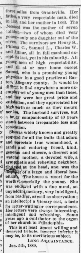 Second part of an obituary in the January 12, 1889 issue of The Republic.