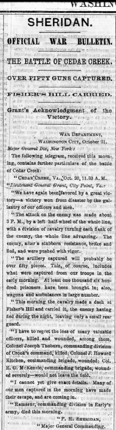 001 newspaper article about the battle of Cedar Creek. 