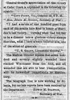  002 newspaper article about the battle of Cedar Creek. 