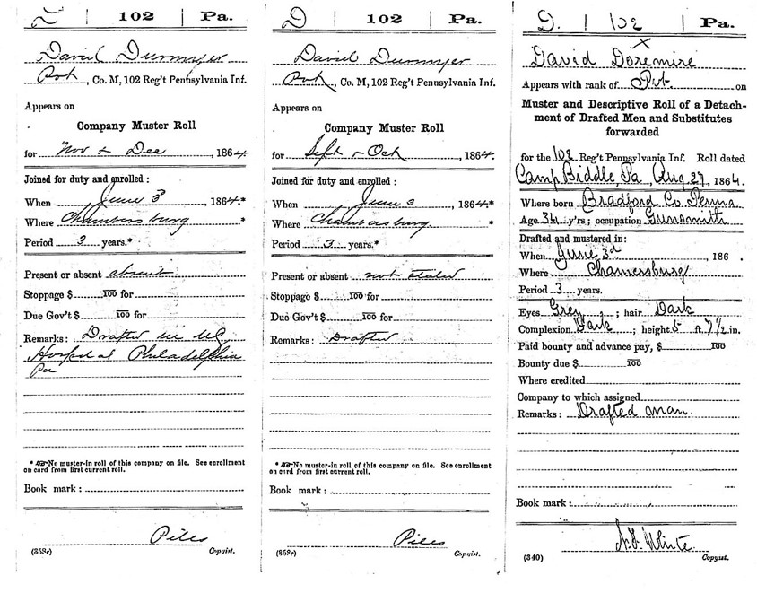 August to December, 1864 muster roll cards for David Dunmyer. 