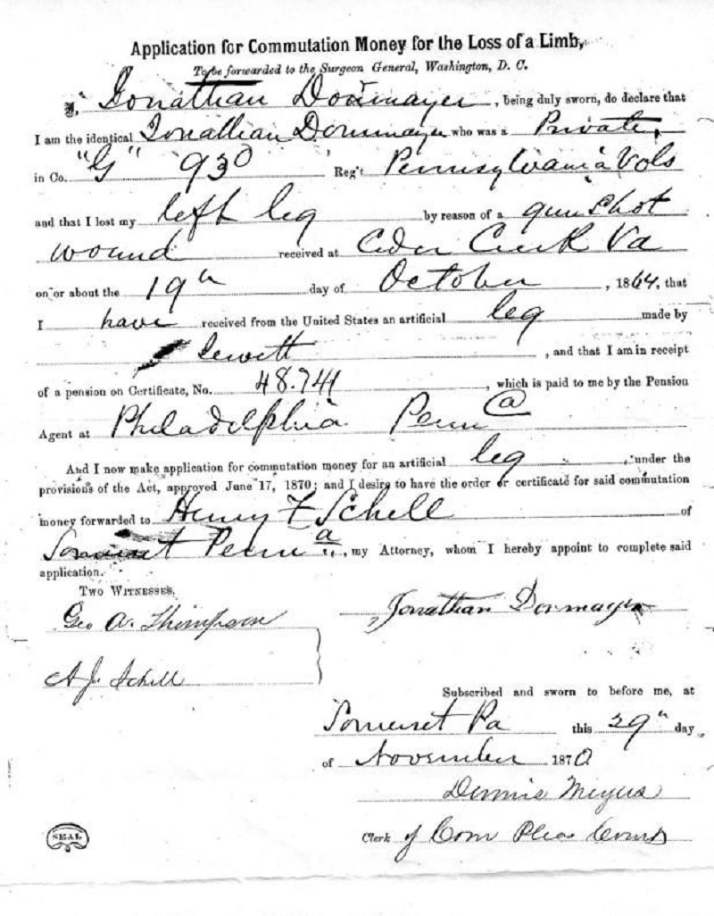 Jonathan Dormayer's application for money to buy an artificial leg. 