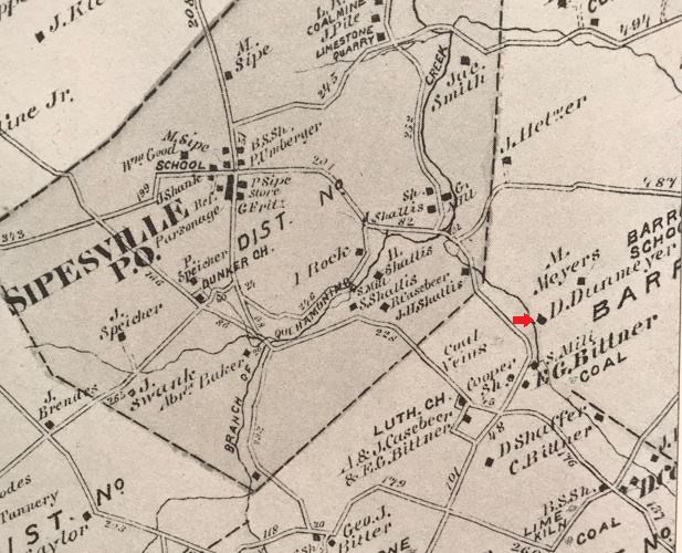 This excerpt from the 1876 Atlas shows the residence of D. Dunmeyer near Sipesville.