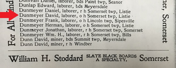 David Dunmyer in the 1903 Individual and Business Directory of Somerset County, Pa. 