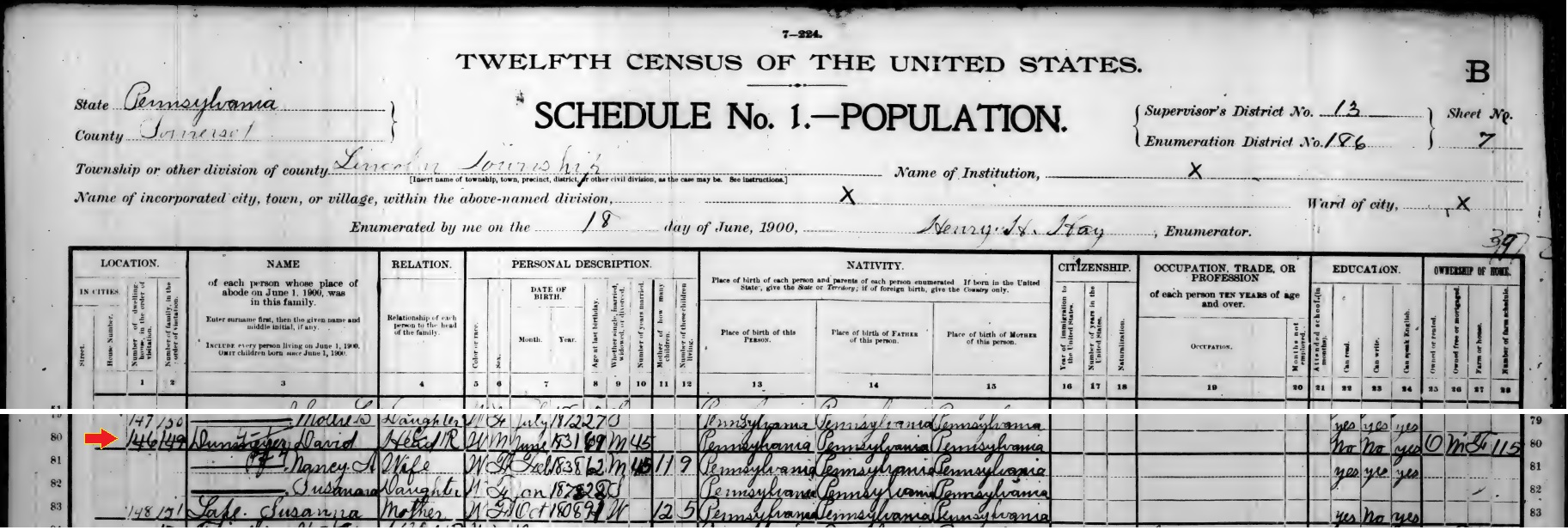 David Dunmyer in the 1900 census records of Lincoln Township, Somerset County, Pennsylvania.