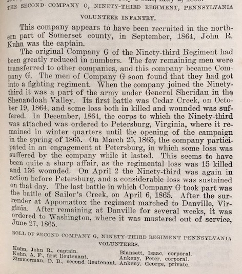 001 history of Company G of the 93rd Regiment of Pennsylvania Veteran Volunteers. 