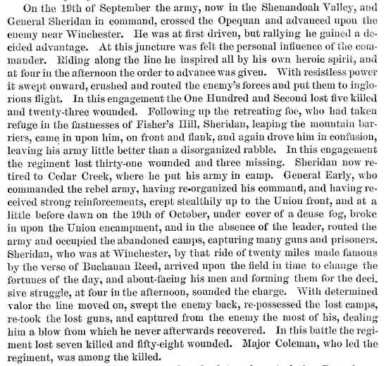 A summary of Sheridan's engagements in the September 19, 1864 to October 19, 1864 time period. 