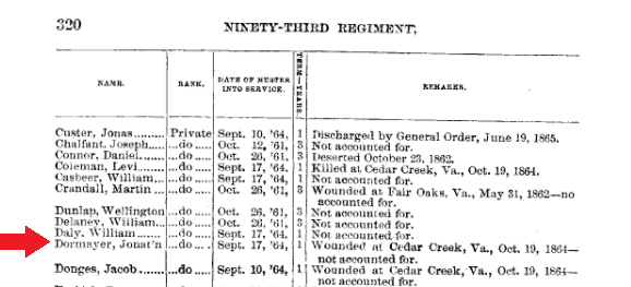  This excerpt indicates that Jonathan Dormayer was mustered into Company G of the 93rd Regiment of Pennsylvania Veteran Volunteers on September 17, 1864.