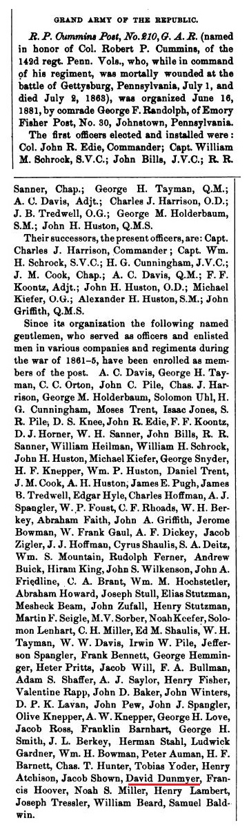 David Dunmyer was a member of G.A.R. Post 225 in the borough of Somerset, Pennsylvania. 
