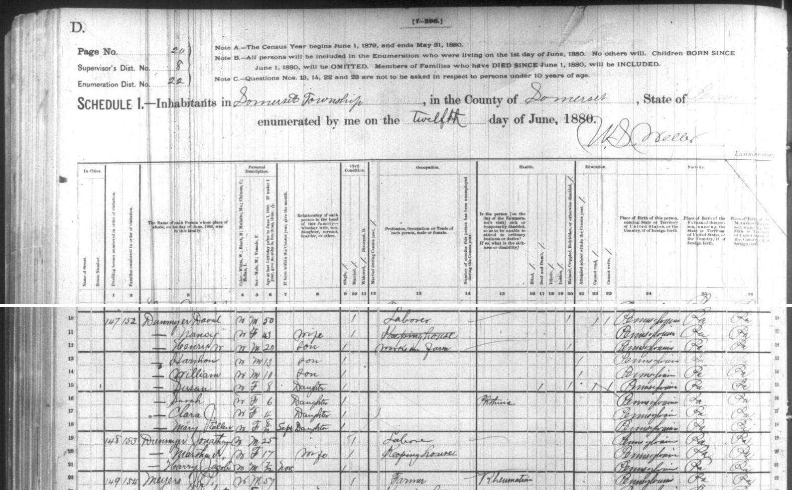 The households of David Dunmyer and his son Jonathan in the 1880 census records of Somerset County, Pennsylvania. 