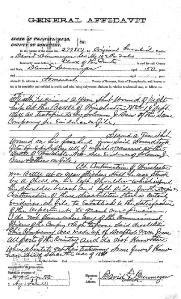 A pension-related 1882 general affidavit for David Dunmyer. 