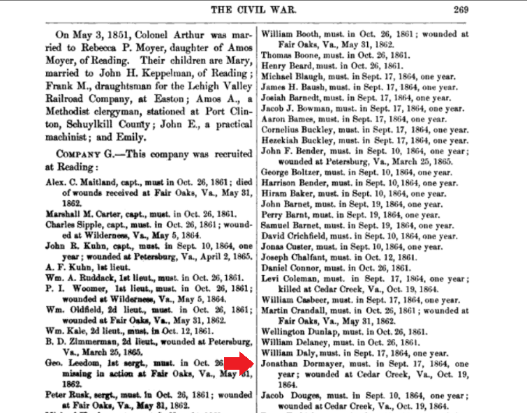  This excerpt indicates that Company G of the 93rd Regiment of Pennsylvania Veteran Volunteers was recruited at Reading, Pennsylvania.