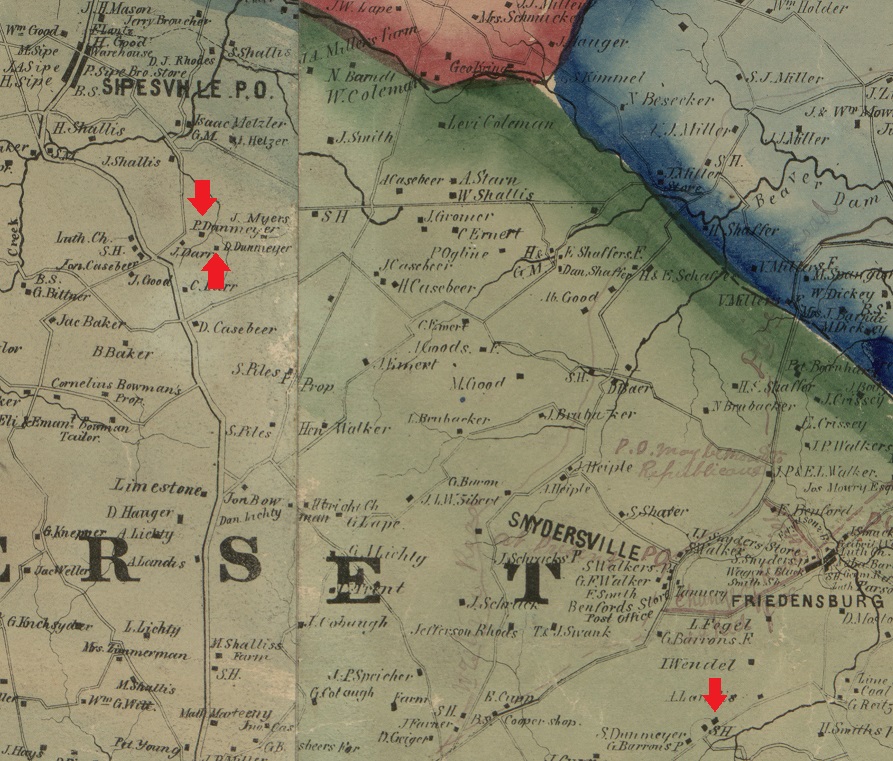 This excerpt from the 1860 Walker map of Somerset County, Pennsylvania identifies the locations of the residences of Peter Dormayer, David Dunmyer, and Jonathan Dormayer. 