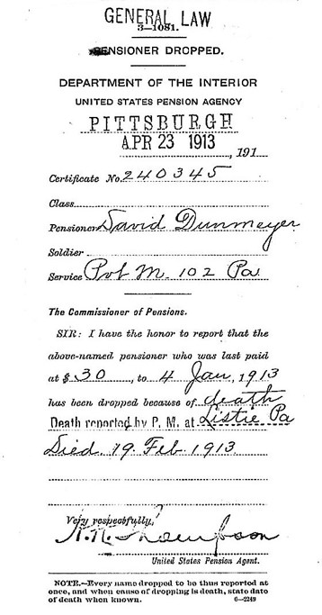 The 1913 Pensioner Dropped card for David Dunmeyer. 