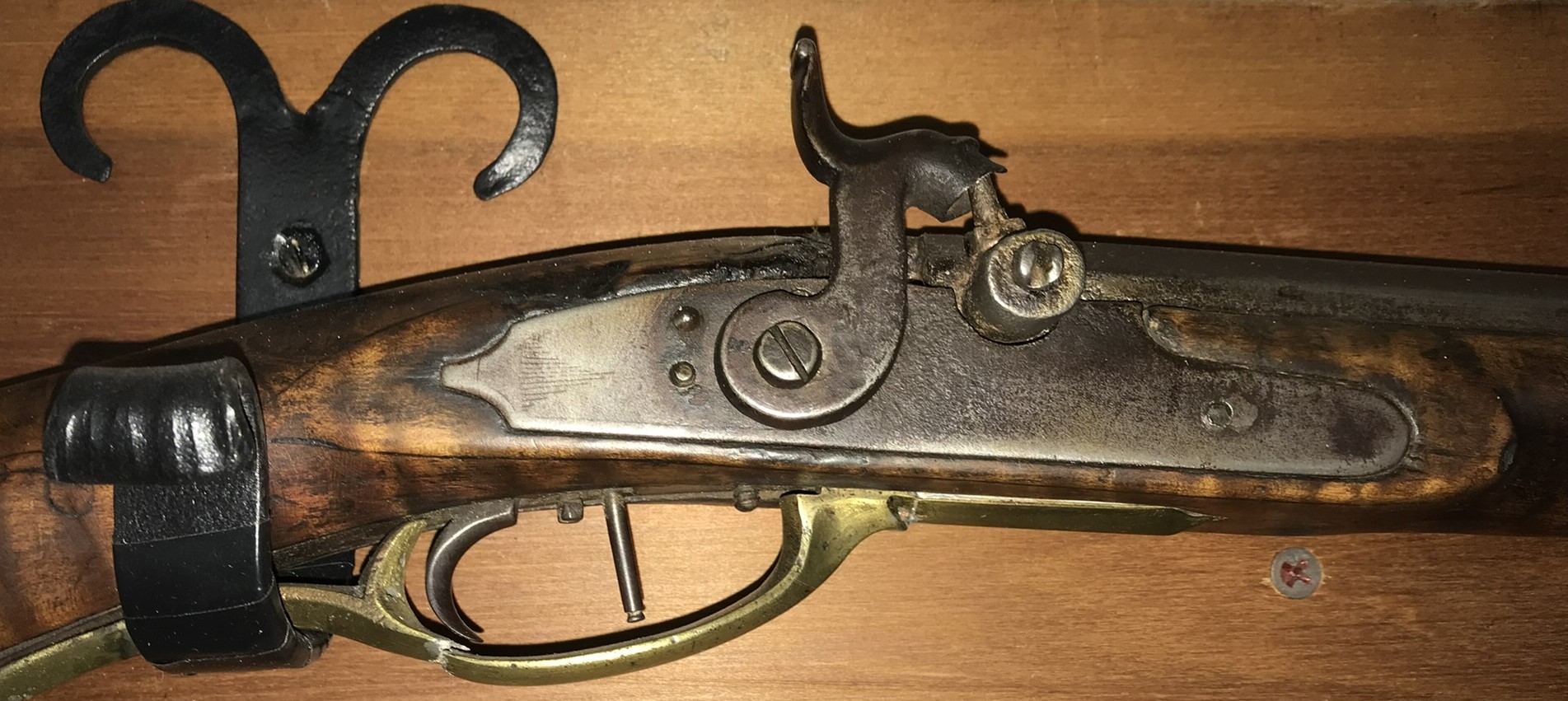 A photo of the lock panel of the stock and the triggers of the Dormayer-style muzzleloader.