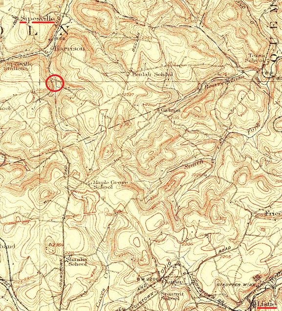 An excerpt from a 1915 map showing where the gunsmith David Dunmyer's 1876 residence was located relative to Sipesville and Listie. 
