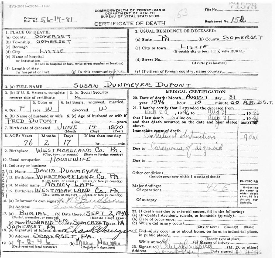 The death certificate of David Dunmeyer's daughter Susan (Dunmeyer) Dupont. 