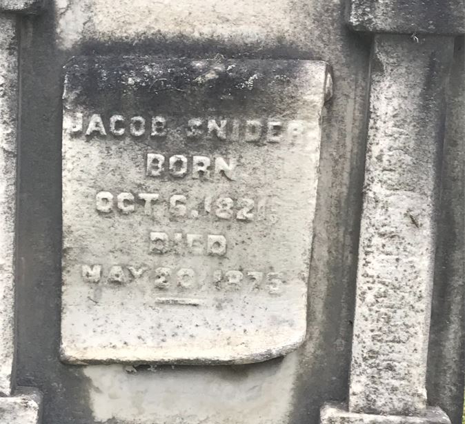 Closeup of Jacob Snider's tombstone. 