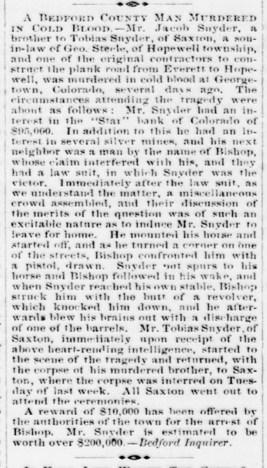 The murder of Jacob Snyder is described in this news item from the June 11, 1875 issue of the Cambria Freeman
