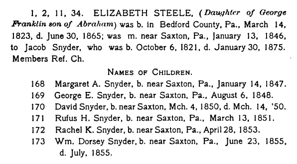This excerpt froma 1909 book indicates that Jacob and Elizabeth (Steele) Snyder were married in 1846 near Saxton and had five children in the 1847 to 1855 timeframe.