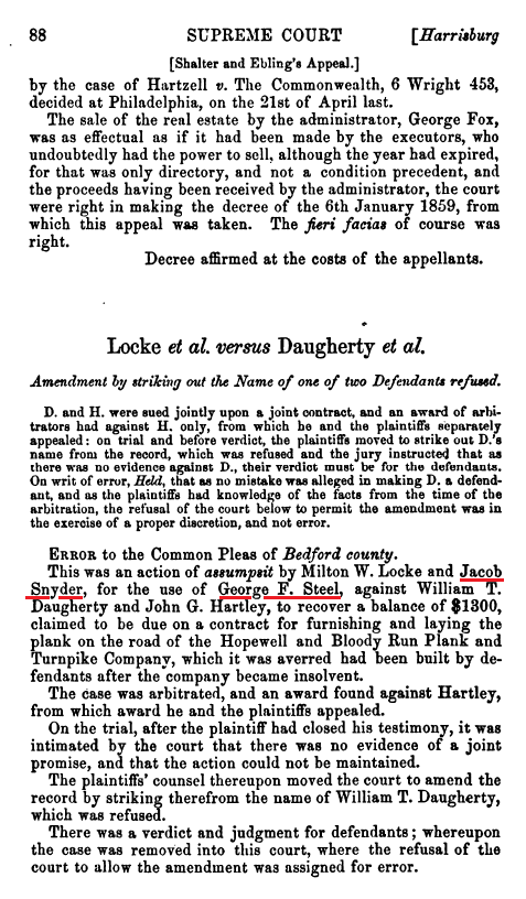 Page 88 of the 1864 book Cases Adjudged in the Supreme Court of Pennsylvania, Volume VII references Jacob Snyder and George F. Steel.