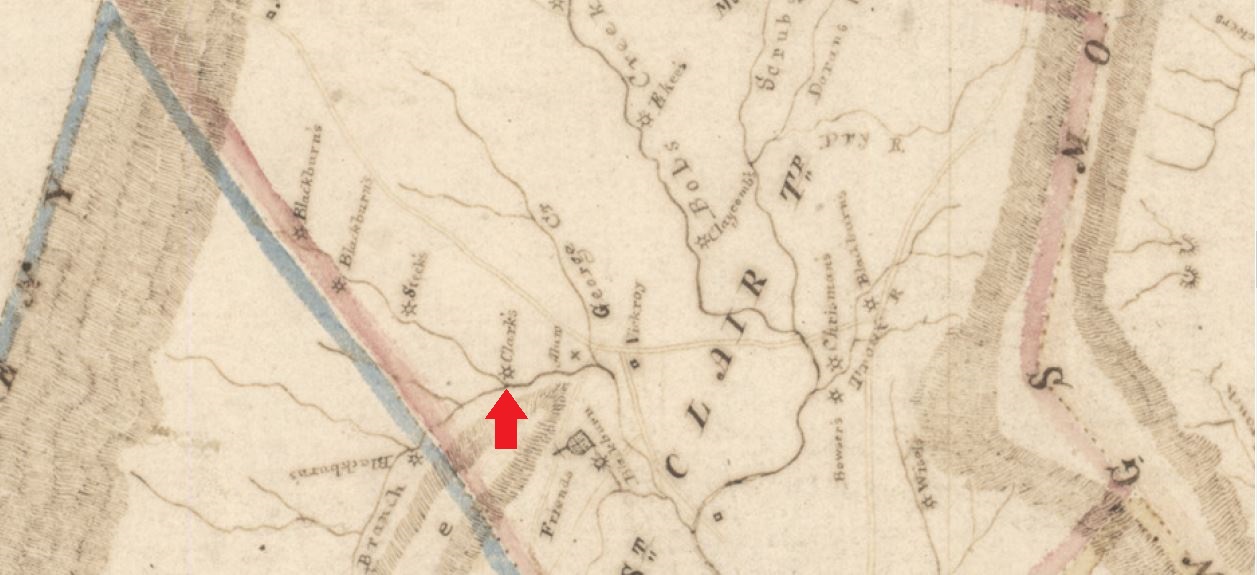 This manuscript map of Bedford County, Pennsylvania shows the location of the James Clark mill at the point of Chestnut Ridge.