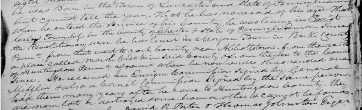 This excerpt from the military pension affidavit of James Clark of Williamsburg, Pennsylvania shows that he never lived in Bedford County.
