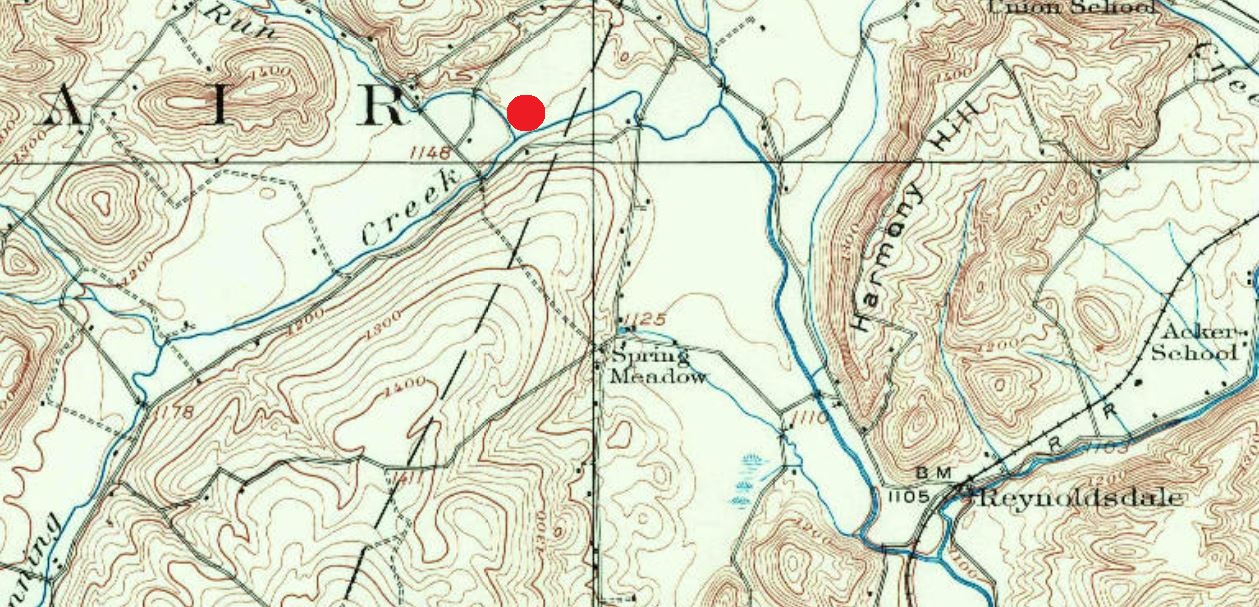 This topographic map has been annotated to show the approximate location of the early 1800s mill of James Clark.
