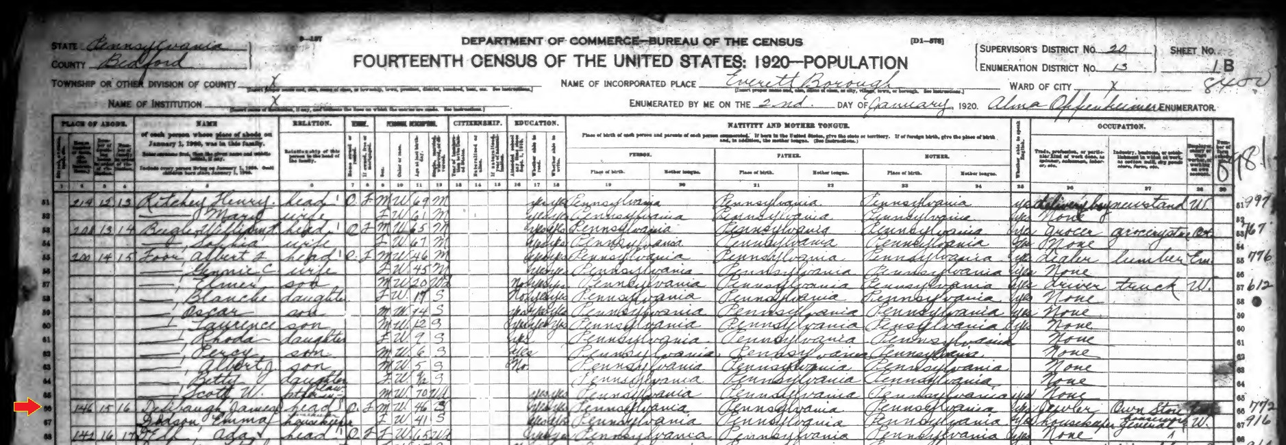 James H. Defibaugh listing in the 1920 census records of Everett in Bedford County, Pennsylvania.