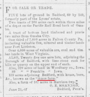 An 1869 reference to the Amos farm.