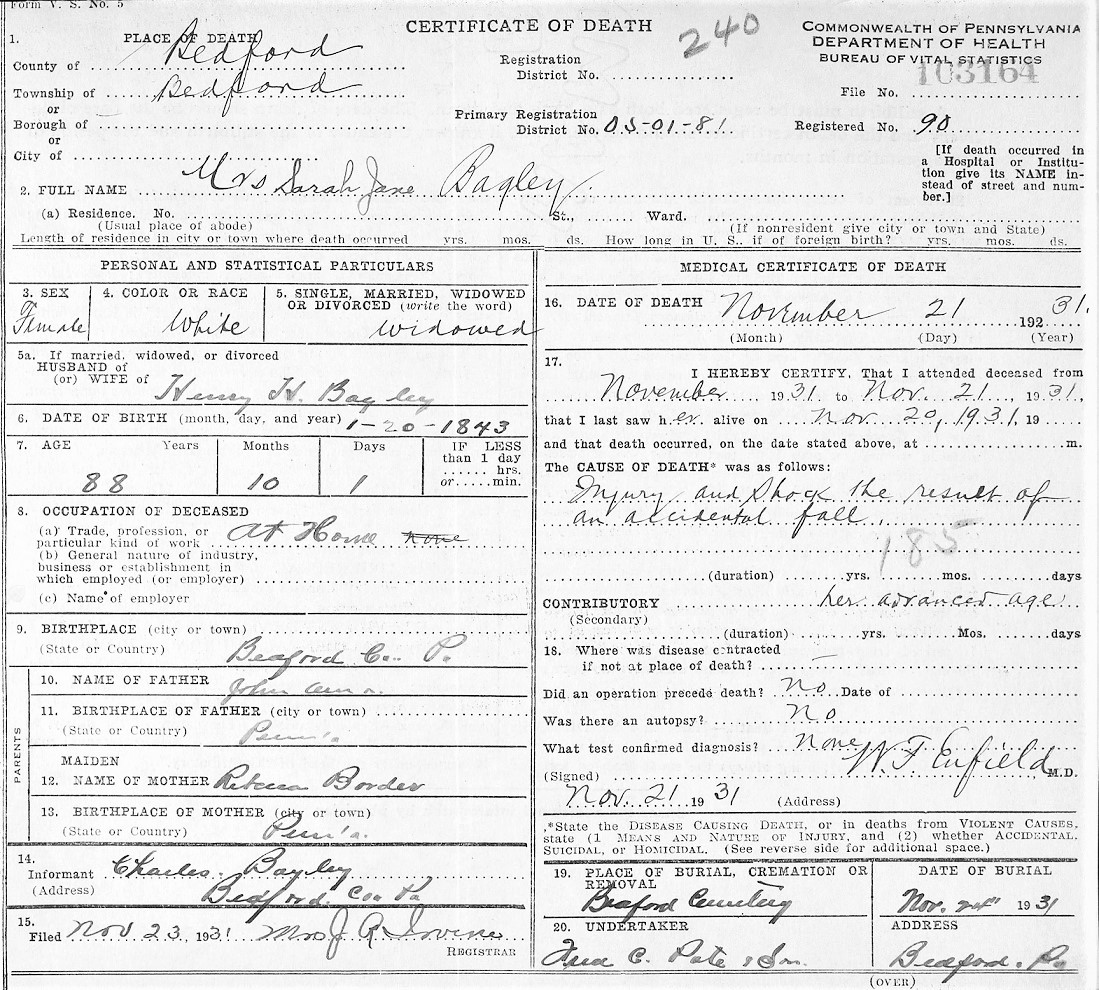 The death certificate of Sarah (Amos) Bagley.