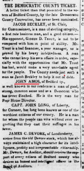 An 1858 article promoting John Amos as Poor House Director.  