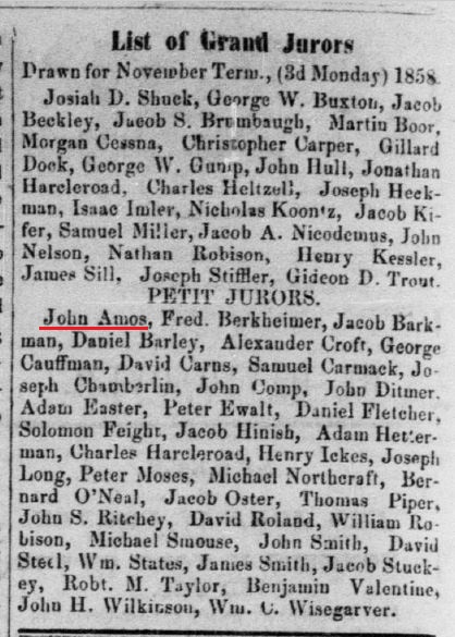 John Amos was drawn to serve as a Petit Juror in 1858. 