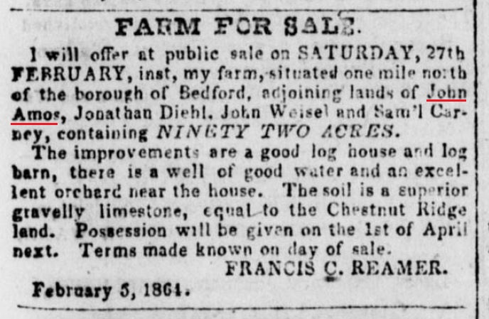 An advertisement mentions the land of John Amos. 