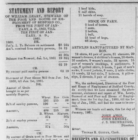 An 1861 Poor House report indicates John Amos was serving as a Director of the Poor House. 