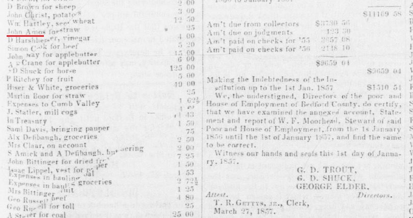 John Amos was paid for providing straw ti the Poor House in 1857.