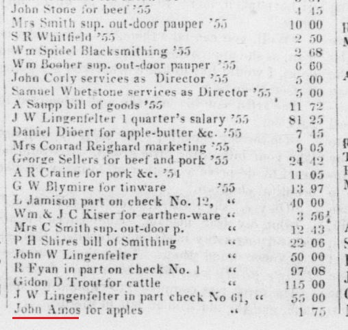 John Amos was paid for supplying apples to the Poor House in 1856. 