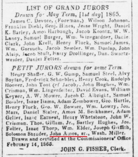 John Amos, Sr. was drawn to serve as a Petit Juror in 1865. 