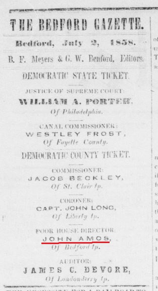 An 1858 advertisement promoting John Amos as Poor House Director. 