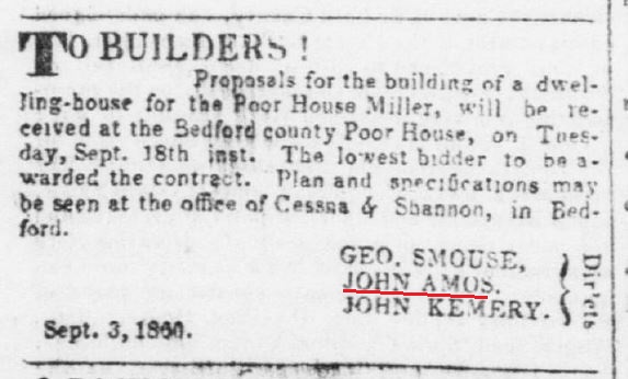 John Amos serving as a Director of the Poor House in 1860.